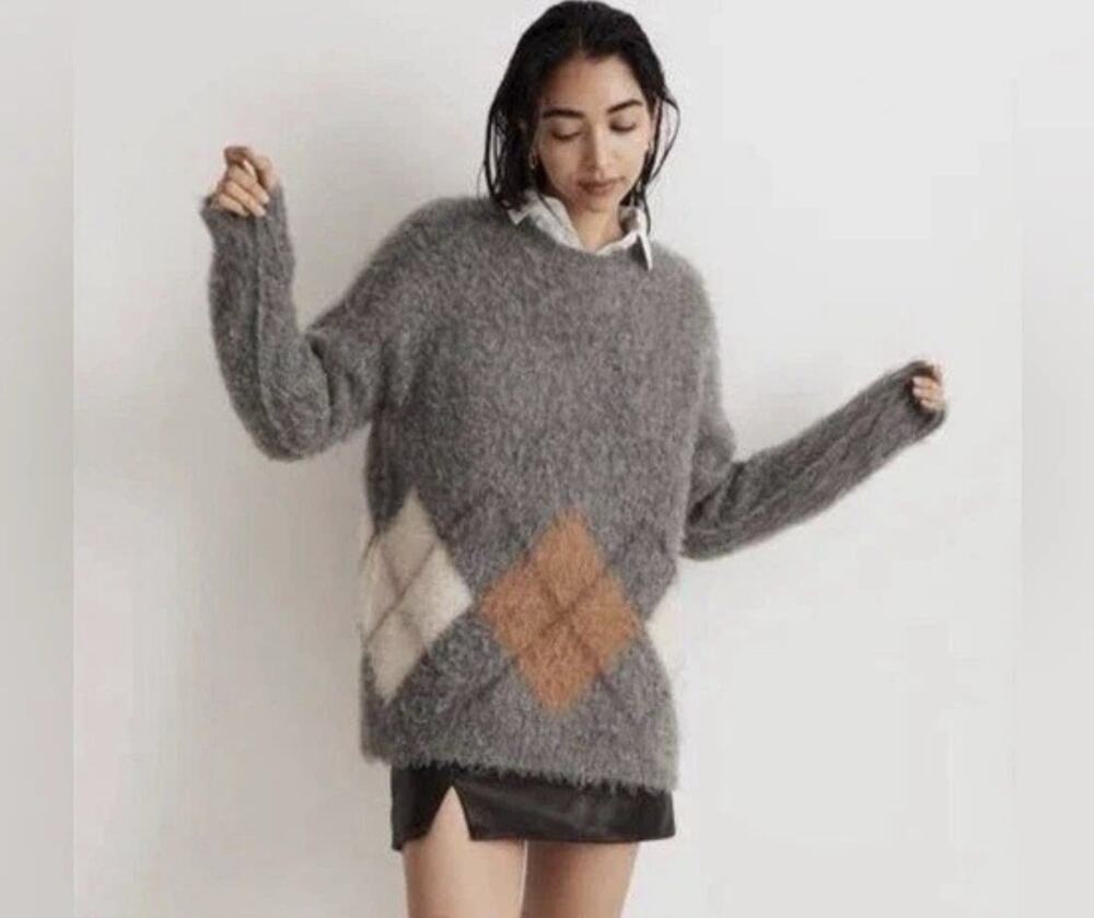 Madewell Marilyn Brushed Argyle Sweater XS Wool Alpaca Blend Academia Gray